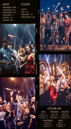 four different shots of people on stage with lights and sparklers in the air,