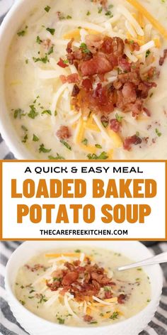 loaded baked potato soup with bacon and cheese in a white bowl