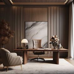 an office with a marble wall and wooden paneling, two chairs, a desk lamp and a painting on the wall