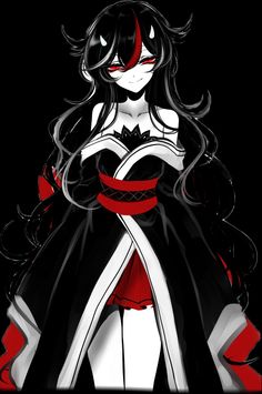 an anime character with long black hair wearing a red and white dress, standing in the dark