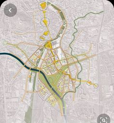 an aerial view of a city with lots of streets and buildings, including roads in yellow