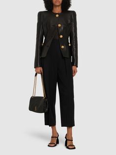 Concealed front hook and zip closure. Belt loops. Two pockets. Model is wearing a size36 Designer Workwear Bottoms With Pockets, Versace Brand, Ski Accessories, Wide Pants, Flat Espadrilles, Jeans Jumpsuit, Swim Accessories, Heeled Loafers, Shearling Jacket