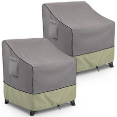 two gray and green chairs with matching covers on each one, both sitting side by side