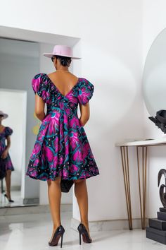 Fitted Purple Puff Sleeve Dress, Purple Floral Print Knee-length Mini Dress, Fitted Purple Mini Dress With Short Sleeves, Multicolor Fitted Puff Sleeve Knee-length Dress, Fitted Multicolor Puff Sleeve Mini Dress, Multicolor Fitted Puff Sleeve Mini Dress, Clothes Fabric, Dinner Parties, African Fabric