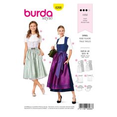 Burda Style Sewing Pattern - No.6268 Dress - Two dirndls with blouse & apron Order unit corresponds to: 1 original packaging pattern Two enchanting dirndls, either knee-covering or midi-length. Decorative details such as the length of the skirt, trims, piping and Ribbons make the difference. Also with the dirndl blouses you have the choice between two variants. Fabric recommendation: AB: Cotton fabrics, linen. Lining: batiste. CD: Taft. EF: Batiste, cotton embroidery fabrics Ingredients: see pho Bavarian Costume, Burda Sewing Patterns, Burda Patterns, Costume Sewing Patterns, Costume Patterns, Apron Dress