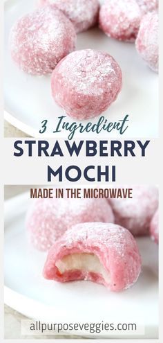 three ingredient strawberry mochies on a white plate with text overlay reading 3 ingredient strawberry mochies made in the microwave