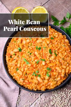 white bean peal couscous in a bowl with lemons and parsley