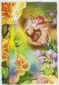 an artistic painting with flowers and fairy on it