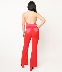 This groovy 1970s inspired jumpsuit is crafted in a contrast red and pink stretch woven color block design and is outfitted with a front zipper that leads to a collared halter neckline. Complete with an open back and charming contrast heart back pockets.Available in sizes XS-4X while supplies last Lovecore Fashion, 70s Disco Outfit, Birthday Dinner Outfit, Disco Jumpsuit, 1970s Clothing, Heart Pocket, Dress Unique, Halter Jumpsuit, Color Block Design