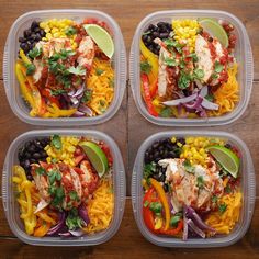 four plastic containers filled with mexican food on top of a wooden table next to a knife and fork