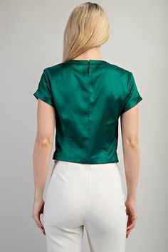 Round neck satin crop top. Gorgeous Green! Fitted Satin Crop Top, Satin Crop Top For Night Out, Trendy Satin Crop Top, Satin Crop Top For Party, Satin Evening Crop Top, Satin Cropped Top For Evening, Fitted Satin Trendy Crop Top, Evening Satin Cropped Top, Trendy Fitted Satin Crop Top