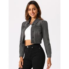 This is a fit H-shaped denim jacket with a lapel collar. It is made of thick and warm denim fabric, which becomes soft and comfortable after washing. The front center uses a button door to open and close with a regular lapel, which is very simple and practical. The front symmetrical chest pockets and puff sleeves add elegance and romance. It is suitable for the 18-35-year-old light mature group to get off work, go shopping, and make appointments. It is the perfect lightweight jacket for a casual Casual Fitted Cropped Jacket With Pockets, Fitted Collared Denim Jacket, Fitted Collared Denim Jacket Trendy Style, Trendy Fitted Collared Denim Jacket, Fitted Denim Vest For Fall Streetwear, Casual Fitted Button-up Cropped Jacket, Fitted Collared Denim Jacket With Pockets, Fitted Collared Denim Jacket For Fall, Casual Fitted Cropped Jacket For Streetwear