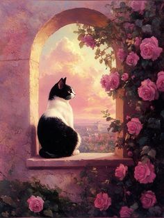 a black and white cat sitting on a window sill with pink roses around it