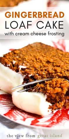 a piece of gingerbread loaf cake with cream cheese frosting on a red and white plate