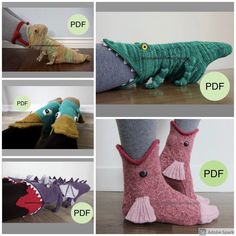 there are four different types of knitted animals on this page, and one is for sale