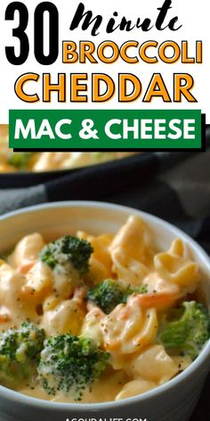 broccoli cheddar mac and cheese in a bowl with text overlay