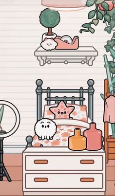 a bedroom scene with a bed, plant and other items on the table in front of it