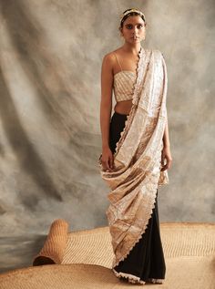 Black Silver Saree, Silver Saree, Zari Saree, Embroidered Shirt Dress, Silver Blouse, Silver Jacket, Gold Blouse, Guest Attire, Black Saree