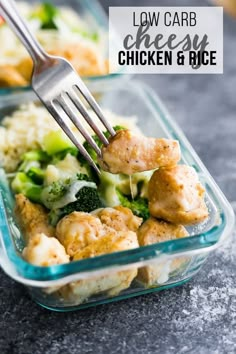 chicken and broccoli in a meal prepped with a fork