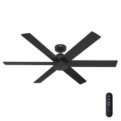 a black ceiling fan and remote control on a white background with the light turned off