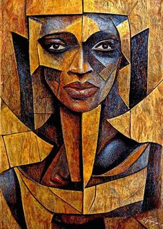 an abstract painting of a woman's face with geometric shapes on the side and sides