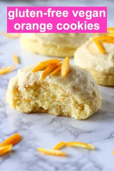 gluten - free vegan orange cookies on a marble surface with text overlay