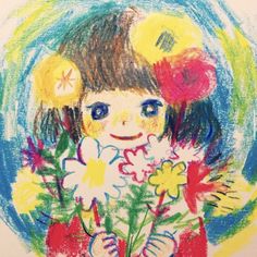 a child's drawing of a girl holding flowers