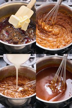 four pictures showing how to make caramel and chocolate sauce in pans with whisk