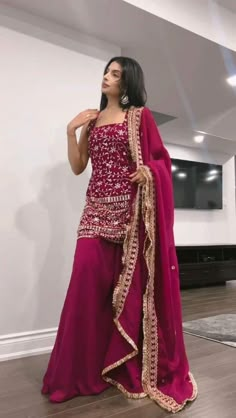 Pink Sharara Look For Wedding, Georgette Sharara Suits, Bridesmaid Sharara, Sharara Traditional, Sharara Designs Party Wear Indian Weddings, Desi Sharara, Rani Pink Suit, Hot Pink Sharara, Sharara Designs Simple