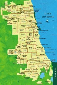 a map of the lake michigan state with major cities and roads in green, yellow and red