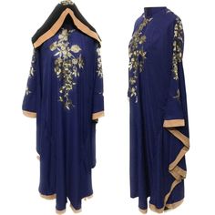 Blue Batwing Abaya Jalabiya Arab Dress with embroidery . As a result, comes in original plastic wrap with Hijab included. Beautiful material with a premium feel. Exclusive new design Abaya.      Comes with scarf  material : nida  Embroidery   Suitable for easy iron.   Do not tumble dry.  Dry clean  Machine washable  Abayas are known by many name such as modest Islamic clothing, jilbab, jalabiya Arab rob, long dress, Muslim clothing, Kimonos, Hijab. However, they serve the same purpose: to cover. Other models are usually kaftans, cut from light, flowing fabrics like crepe, georgette, nida, and chiffon. Other known styles are open ,closed front, Batwing. Styles differ from region. Some have embroidery and bead works, while others are brightly coloured and have different artwork.  If you requ Batwing Abaya, Habits Musulmans, Design Abaya, Arab Dress, Dress With Embroidery, Scarf Material, Muslim Outfits, Islamic Clothing, Bat Wings