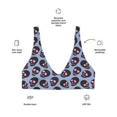 Make a haunting splash with Goth Cloth Co.'s Neon Skull Bikini Top. Featuring a daring pattern of neon black and pink skulls on a light blue background, this top blends gothic elegance and punk rock flair, perfect for all your beach and poolside adventures. Key Features: Recycled polyester fabric: Made from 88% recycled polyester and 12% elastane in the EU, or 81% REPREVE recycled polyester and 19% LYCRA XTRALIFE in MX, providing a soft, stretchy fit. Double-layered construction: Ensuring comfort and support for all figures. Removable padding: Allowing for a customizable fit. Zig-zag stitching: For added durability and style. Versatile styling: Pair with different bikini bottoms for a trendy look. This top is made to order, ensuring a thoughtful and sustainable approach to fashion. Order n Fitted Tops With All Over Print For Beach, Trendy Fitted Swimwear With Graphic Print, Fitted Black Swimwear For Music Festival, Trendy Fitted Graphic Print Swimwear, Fitted Pastel Goth Tops, Blue Rave Swimwear For Summer, Summer Beach Tops With Skull Print, Fitted Rave Tops For Beach, Blue Skull Print Tops For Summer