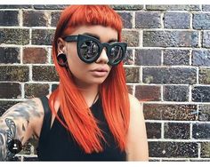 Copper Colour Block Hair, Split Dye Bob With Bangs, Red Hair Micro Bangs, Edgy Orange Hair, Goth Orange Hair, Hair Consultation, Hair Color Red, Haircolor Ideas, Bangs Haircut