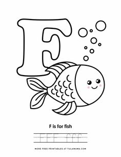 the letter f is for fish coloring page with an image of a fish and bubbles