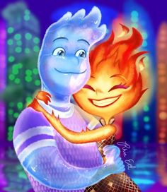 a cartoon character hugging another character in front of a cityscape at night time