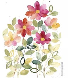 watercolor painting of pink and yellow flowers