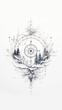 a compass tattoo on the back of a woman's arm with trees and snow