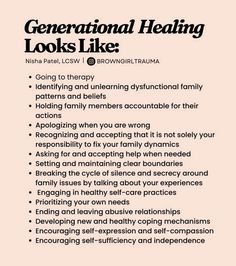 🧑‍🤝‍🧑🏠💖 Generational Healing Looks Like: 💖 Going to therapy 💖Identifying and unlearning dysfunctional family patterns and beliefs 💖 Holding family members accountable for their actions  💖 Apologising when you are wrong 💖 Recognising and accepting that it is not solely your responsibility to fix your family dynamics 💖 Asking for and accepting help when needed 💖 Setting and maintaining clear boundaries  💖 Breaking the cycle of silence and secrecy around family issues by talking about your experiences  💖 Engaging in healthy self-care practices 💖 Prioritising your own needs 💖 Ending and leaving abusive relationships 💖 Developing new and healthy coping mechanisms  💖 Encouraging self-expression and self-compassion 💖 Encouraging self-sufficiency and independence How To Emotionally Detach From Family, Healing From Dysfunctional Family, Healthy Family Dynamics, Breaking Family Cycles, Healing Family Relationships, Accepting Accountability, Healing Childhood Wounds, Breaking Generational Cycles, Generational Healing