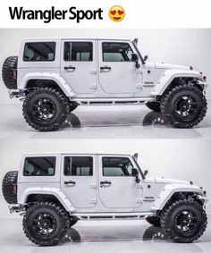 two pictures of a white jeep with black wheels