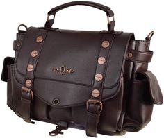 This Brown Steampunk Handbag with Copper Details from Lost Queen is extremely eye-catching & will make a great finishing touch to any outfit. The reinforced, adjustable shoulder strap, inner pockets (including pen holders), buckle closure and side pockets make this handbag practical for everyday use, as well as nights out. The fabulous steampunk design includes screw and key-hole detailing. Lost Queen Brown Steampunk Handbag With Copper Details This shoulder bag has a reinforced, adjustable shou Daily Use Satchel Bag With Rivets, Daily Use Satchel With Rivets, Punk Style Bags With Hardware For Daily Use, Edgy Satchel With Adjustable Strap For Daily Use, Punk Style Travel Satchel Shoulder Bag, Punk Style Satchel Shoulder Bag For Travel, Gothic Bags With Metal Hardware For Everyday Use, Punk Bags With Detachable Strap For Everyday Use, Punk Satchel Bag With Adjustable Strap