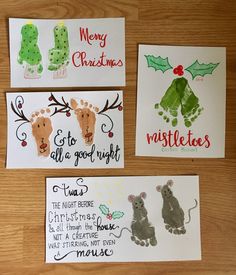 three christmas cards with handprints on them, one for children and one for adults