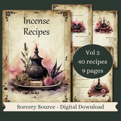 the book cover for incense recipes vol 2, with four pages on it and an image of