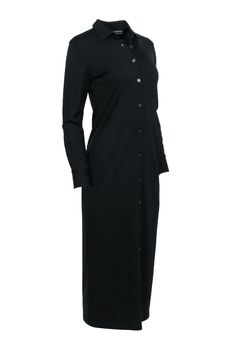 Borrowed from the boys and revamped for the modern minimalist, this Club Monaco dress is a versatile must-have. The classic shirt style is updated with a maxi length for an elegant touch, making it an effortless go-to for any occasion. Plus, it doubles as a chic cardigan for endless looks! Pair with black platform loafers for an edgy feel or keep it classy with some pumps. Size XS 61% Viscose, 34% Nylon, 5% Elastane Front button closure Straight fit Point collar Buttoned cuffs Maxi length Bust 3 Luxury Daywear Maxi Dress With Button-up Front, Fitted Black Button-up Shirt Dress, Black Button-up Midi Dress, Black Button-up Maxi Dress For Daywear, Cheap Black Button-up Shirt Dress, Club Monaco Dress, Chic Cardigan, Maxi Shirts, Buy Shoes Online