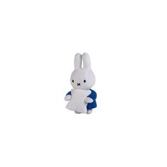 a small white stuffed animal with a blue ribbon around it's neck