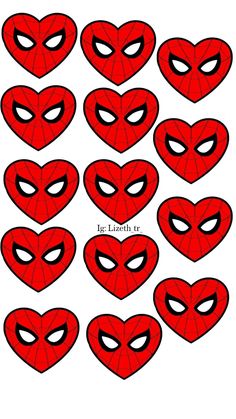 red heart shaped masks with white eyes and black outlines on the faces, all arranged in