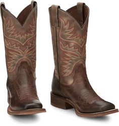 Emblazoned with bold stitching and expert hand-finishing, this boot has a bold, rustic effect. From our Hero collection, the Sierra boot in Antiqued Brown is an 11” square toe boot with a brown cowhide leather vamp with an attention-grabbing stitching design with jolts of deep, rich color on the tan leather-look upper. It’s equipped with an orthotic insole and versatile rubber outsole. This boot features: 11" Vintage Tan upper Antiqued Brown cowhide B Toe, Square Profile 10 Heel, 1 1/8" Height T Square Toe Western Boots, Brown Square, Brown Cowhide, Block Style, Stitch Design, Western Wear, Western Boots, Cowhide Leather, Tan Leather