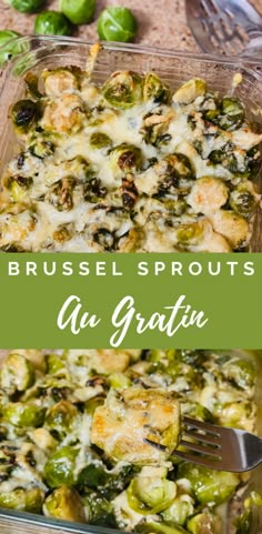 brussel sprouts casserole in a glass dish with a fork