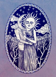 a drawing of a woman holding a baby in her arms with the sun above her head