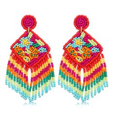 PRICES MAY VARY. Can you tell that I'm Beach Bound, in these vibrant beaded earrings? With the right bikini and colorful sarong...this jewelry could turn my outfit into a picture-perfect moment! These beads like Cinco De Mayo jewelry colors design,suitable for Mexican holiday party. Gorgeous beadwork! colorful beadwork earrings are well-made, beautifully designed.These statement beaded tassel earrings feature a beaded flower design,sewn details,felt back,Lightweight and comfortable to wear. Gorg Beaded Flower Earrings, Beadwork Earrings, Earrings Beads, Mexican Holiday, Earrings Square, Multicolor Jewelry, Beaded Tassel Earrings, Bold Earrings, Spring Jewelry