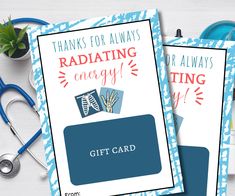 two cards with the words radiating energy and a stethoscope next to them